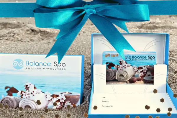 Balance spa Boca's gift card and spa service gift packaging with Boca Raton, FL imagery