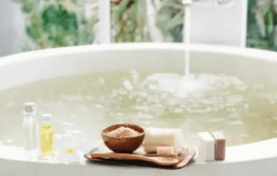 Relaxing spa bath with salts, soaps, and oils.